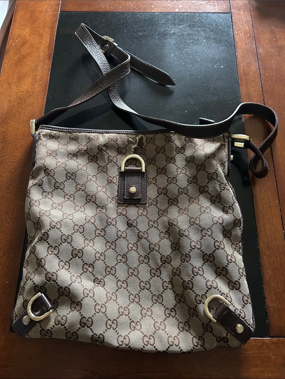Gucci Beige Brown GG Canvas Messenger Bag with Leather Trim